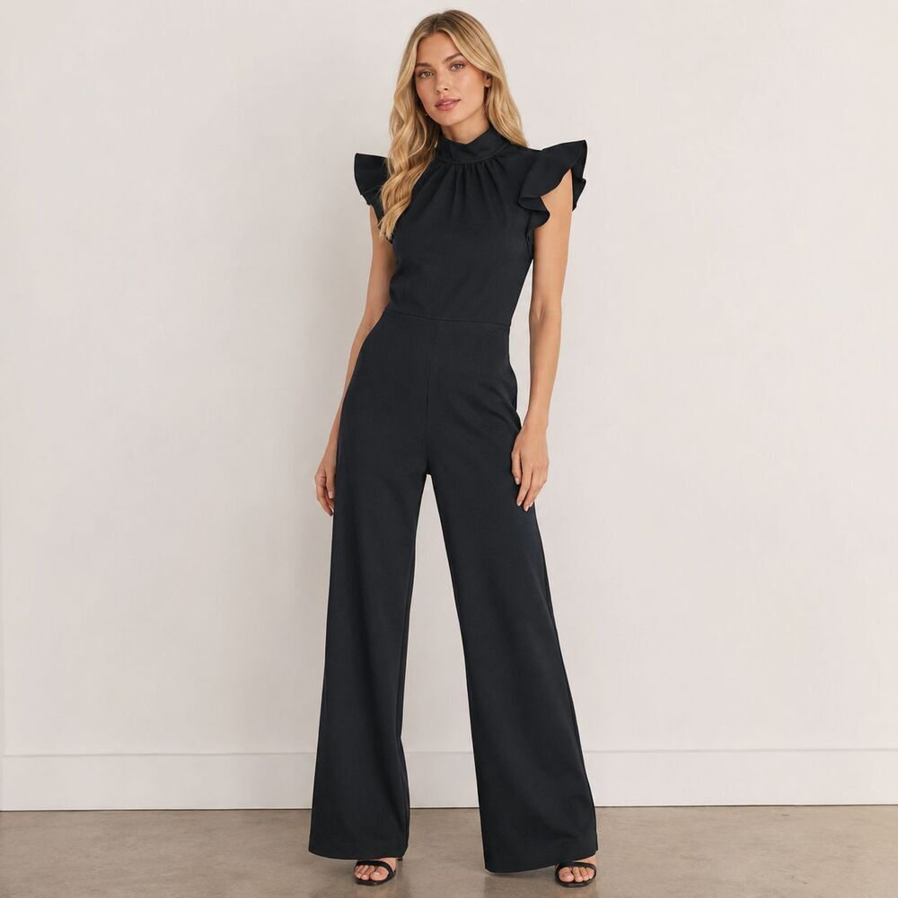 Amanda Uprichard x REVOLVE Davina Jumpsuit Black Ruffle Mock Neck Wide Leg sz L
